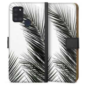 Galaxy A21s Handy Klapphülle Handyhülle aus Kunst Leder schwarz Flip Case Jungle Palm Tree Leaves Sideflip mit Lasche