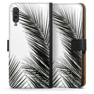 Galaxy A70 Handy Klapphülle Handyhülle aus Kunst Leder schwarz Flip Case Jungle Palm Tree Leaves Sideflip mit Lasche