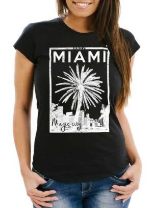 Neverless Print-Shirt "Damen T-Shirt Miami Beach Palmen Skyline Slim Fit Neverless®" mit Print