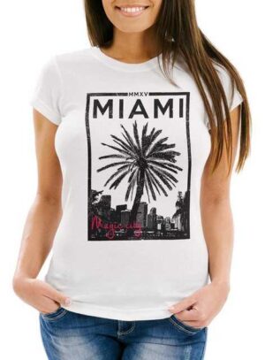 Neverless Print-Shirt "Damen T-Shirt Miami Beach Palmen Skyline Slim Fit Neverless®" mit Print