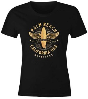 Neverless Print-Shirt "Damen T-Shirt Surfing Motiv Vintage Effekt Palm Beach California USA Schriftzug Fashion Streetstyle Slim Fit Neverless®" mit Print