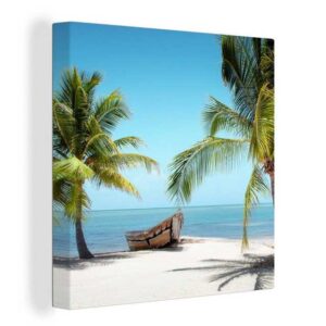 OneMillionCanvasses® Leinwandbild "Palme - Boot - Strand", (1 St), Leinwand Bilder für Wohnzimmer Schlafzimmer