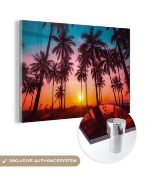 MuchoWow Acrylglasbild Palme - Sonnenuntergang - Horizont - Strand - Orange - Rosa, Palme (1 St), Glasbilder - Bilder auf Glas Wandbild - Foto auf Glas - Wanddekoration
