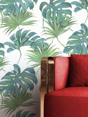 Newroom Vliestapete, Grün Tapete Tropisch Blätter - Dschungeltapete Botanisch Weiß Floral Modern Monstera Palme für Wohnzimmer Schlafzimmer Küche