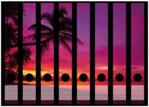 Wallario Etiketten Abendrot unter Palmen - pinker Himmel am Strand, Ordnerrücken-Sticker in verschiedenen Ausführungen