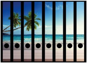 Wallario Etiketten Sandstrand auf den Seychellen - Urlaub unter Palmen, Ordnerrücken-Sticker in verschiedenen Ausführungen