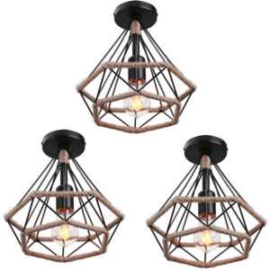 3er Pendelleuchte Hanf Seil Hängelampe mit Käfig Ø25cm Diamant Form Lampen im Industri Stil für für Wohnzimmer Esszimmer (Schwarz)